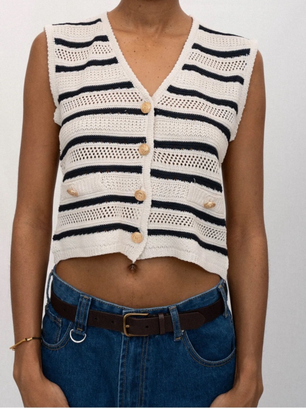 CUPSHE Striped Gold Button Black Cream Sleeveless Sweater Vest Open Weave Knit